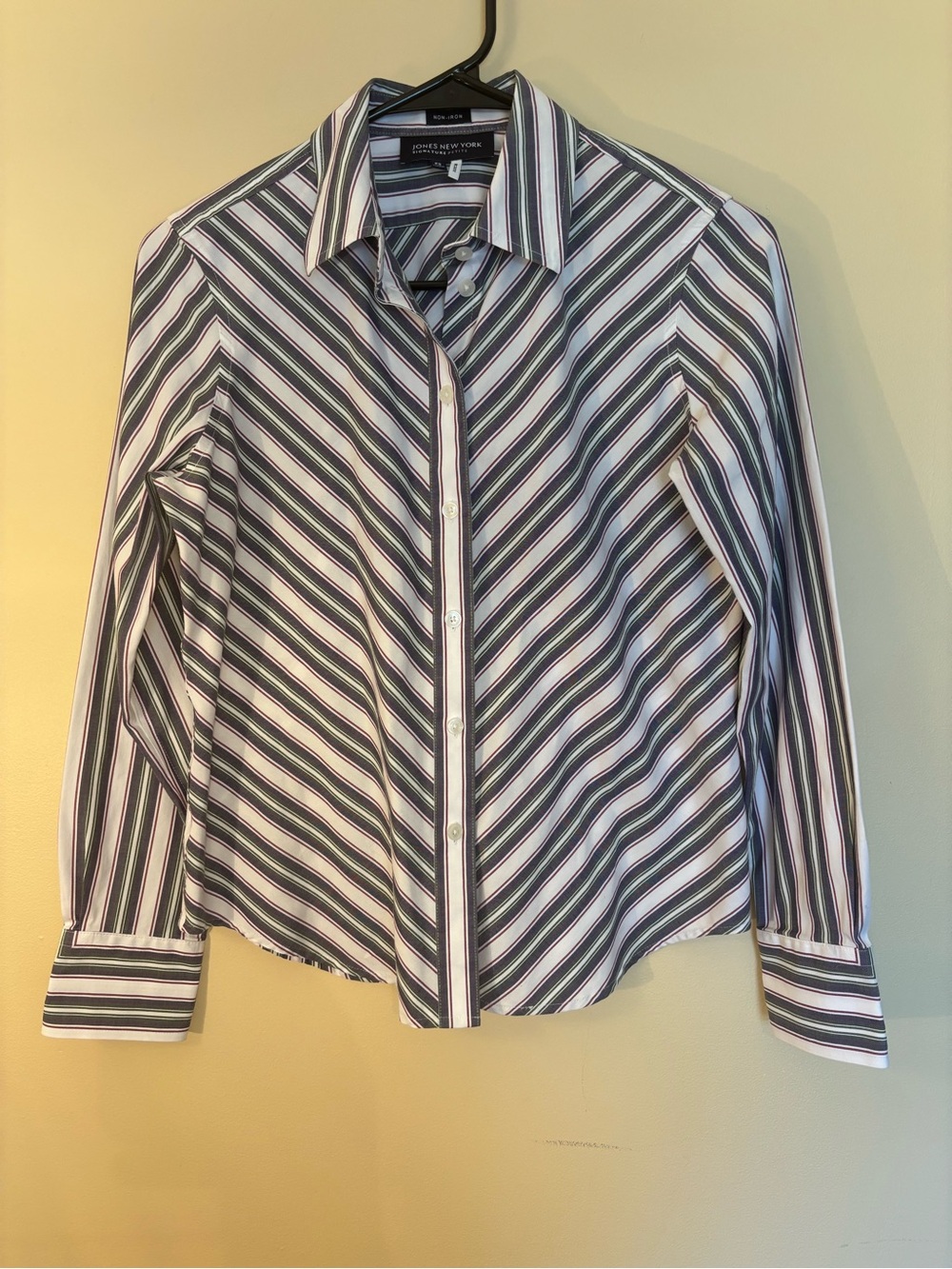 Jones New York White, Navy & Purple Striped Dress Shirt